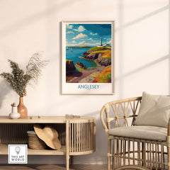 Anglesey Wales Ocean View Travel Poster - Welsh Seaside Decor displayed in a stylish living room.