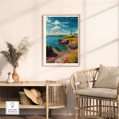 Anglesey Wales Sailboats & Lighthouse Print - Nautical Coastal Wall Art displayed in a cozy living room setting.