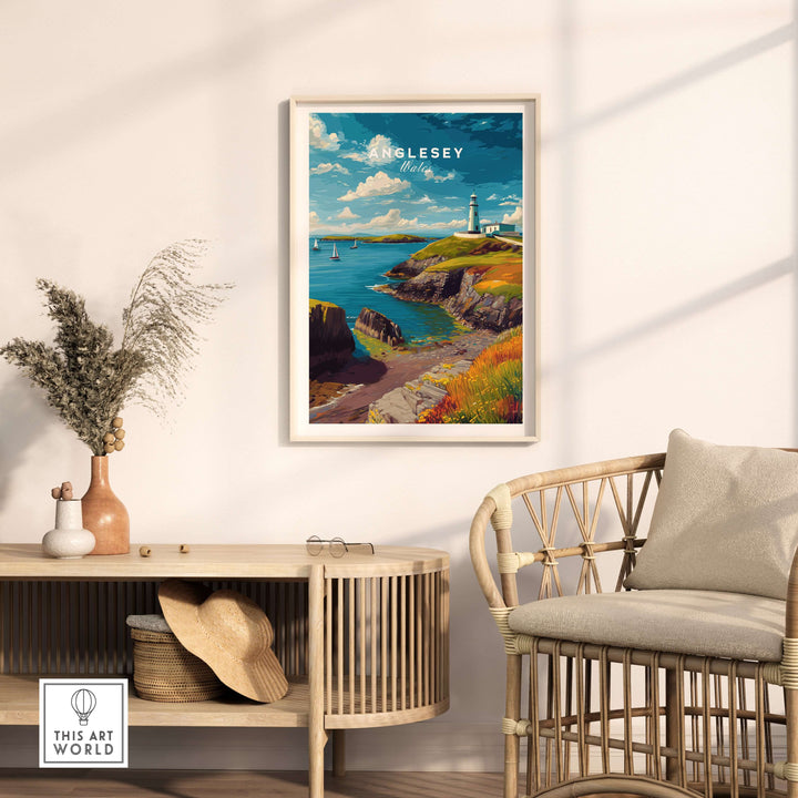 Anglesey Wales sailboats and lighthouse print in a coastal living room setting, showcasing nautical wall art.