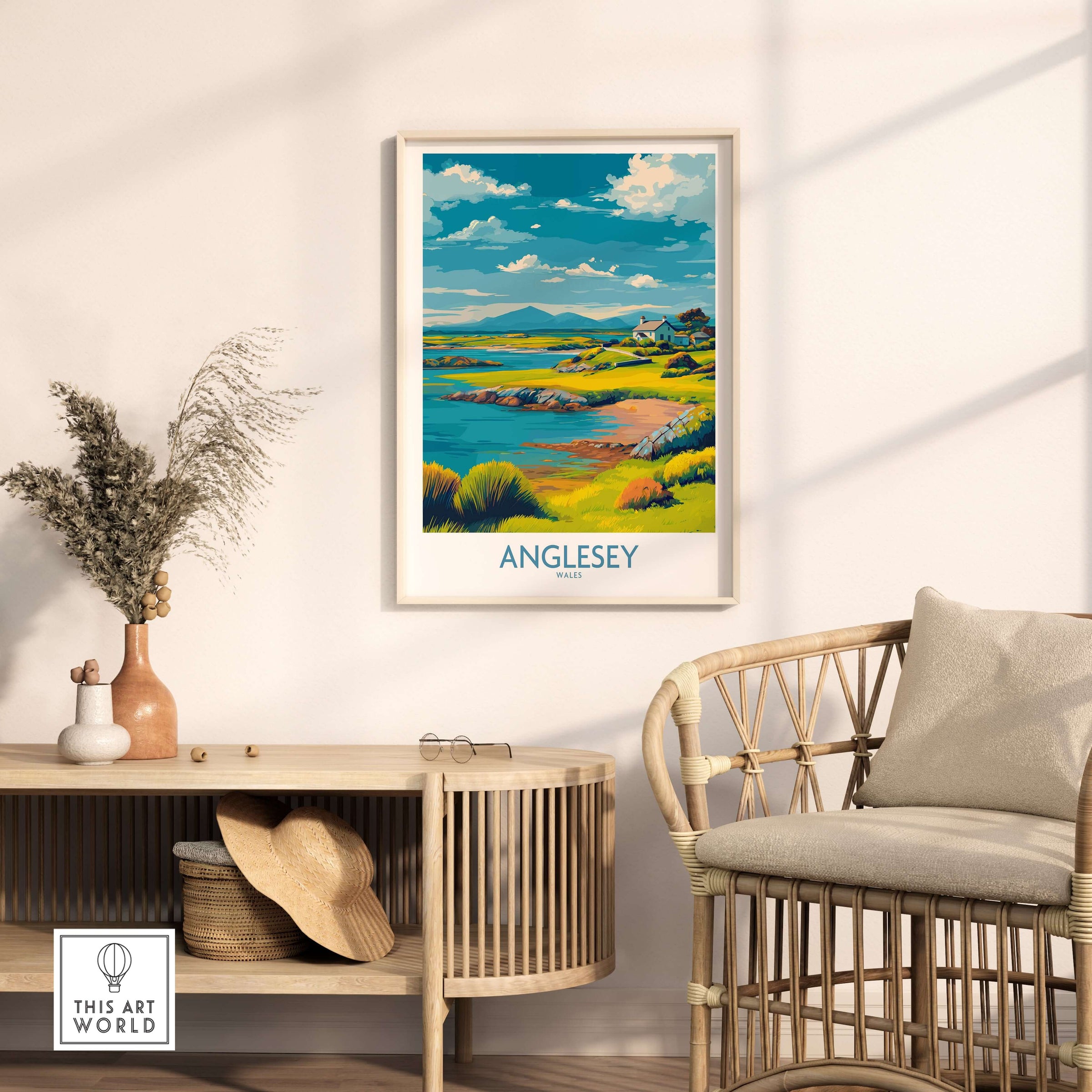 Anglesey Wales Tranquil Bay Poster - Welsh Countryside Travel Decor displayed in a cozy room setting.