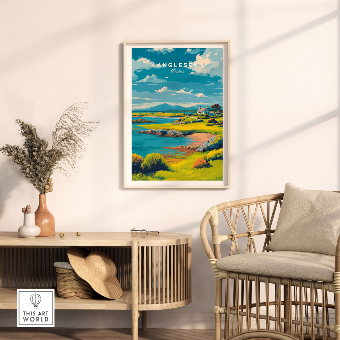 Anglesey Wales green coastline print in a modern living room setting, showcasing tranquil rural landscape decor.