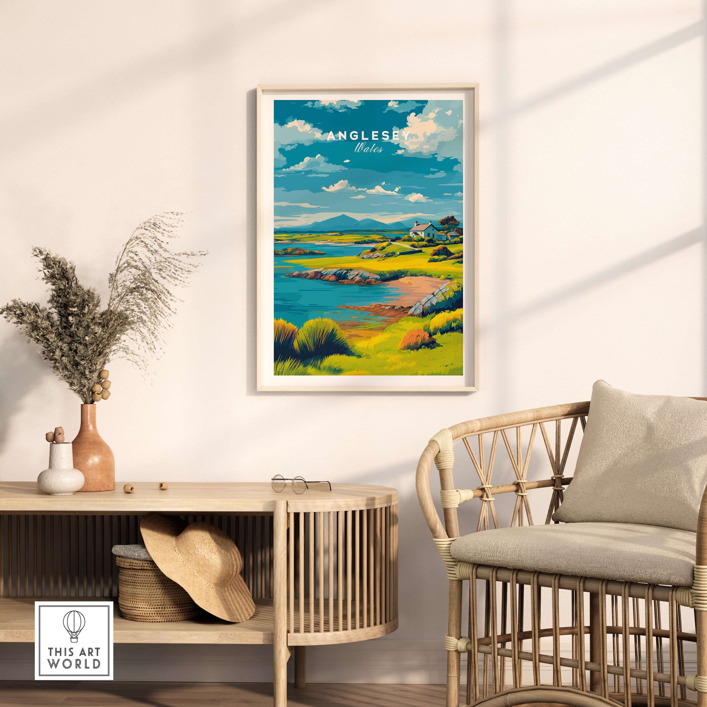 Anglesey Wales Green Coastline Print - Rural Landscape Wall Art displayed in a cozy interior setting.