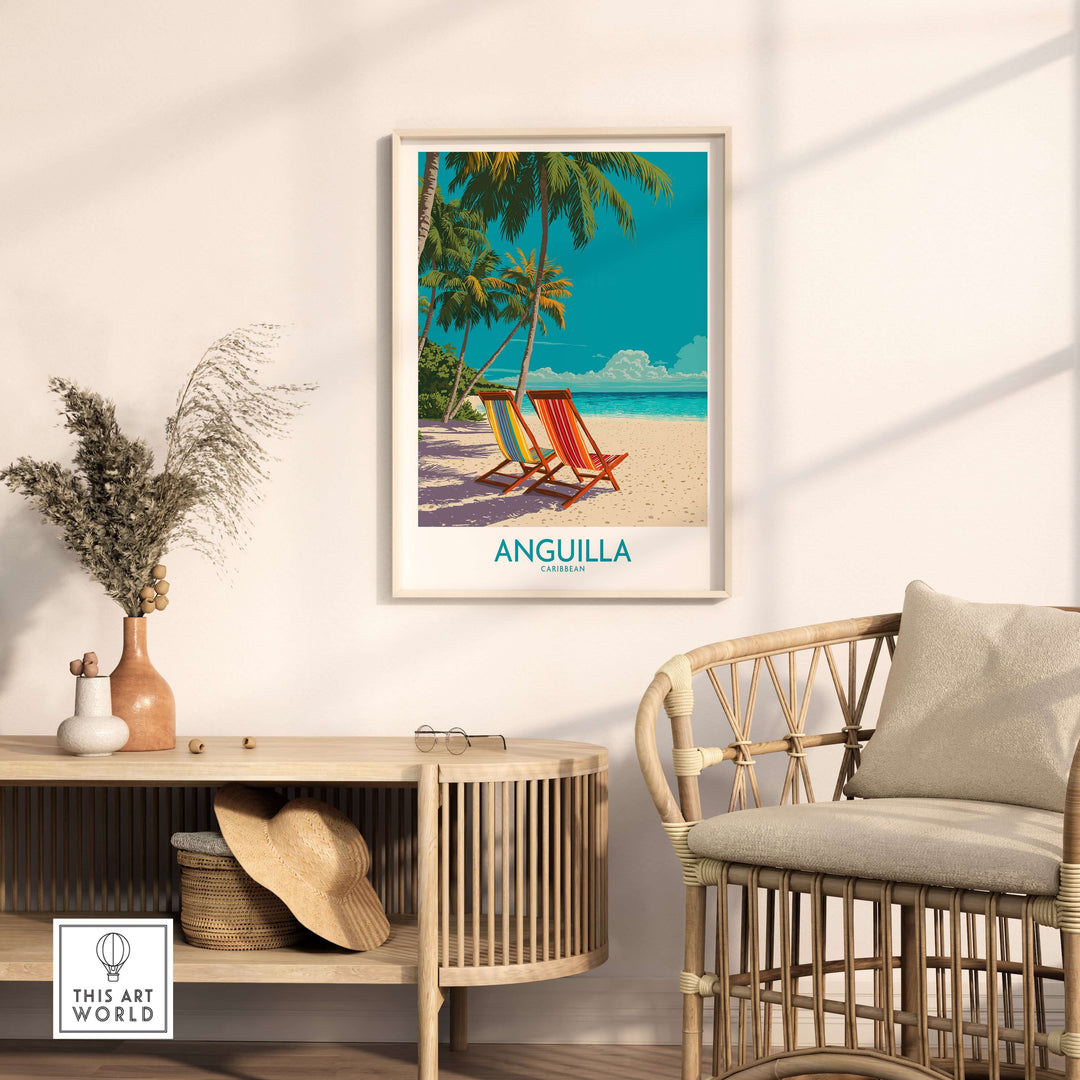 Vibrant Anguilla Caribbean sunset poster showcasing beach chairs and palm trees in a serene interior setting.