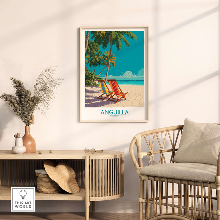 Vibrant Anguilla Caribbean sunset poster showcasing beach chairs and palm trees in a serene interior setting.
