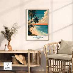 Anguilla Caribbean Poster - Caribbean Travel Print displayed on a wall next to a stylish chair and plant.