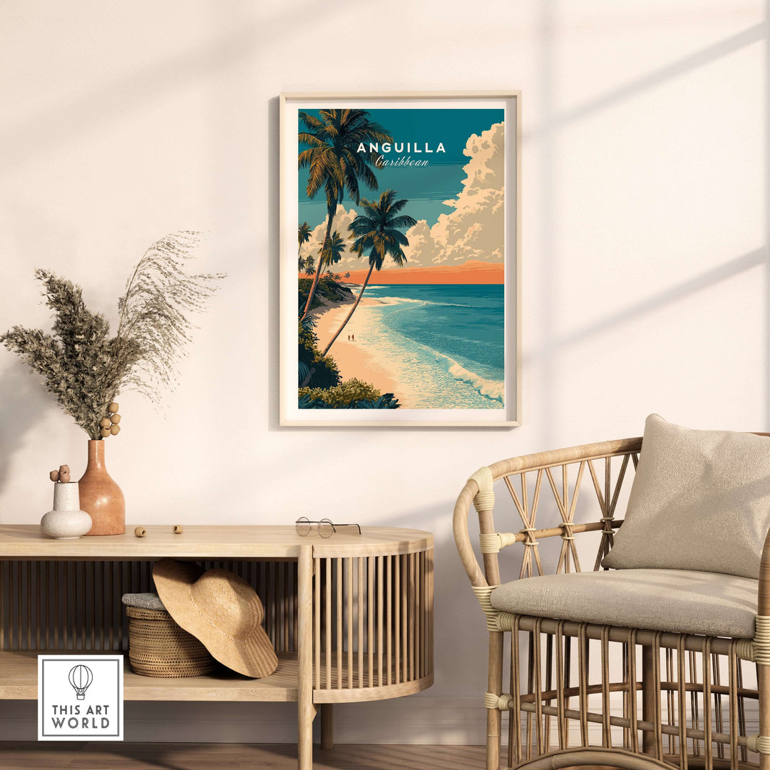 Anguilla Caribbean beach wall art poster featuring palm trees and ocean view in a stylish living room setting.