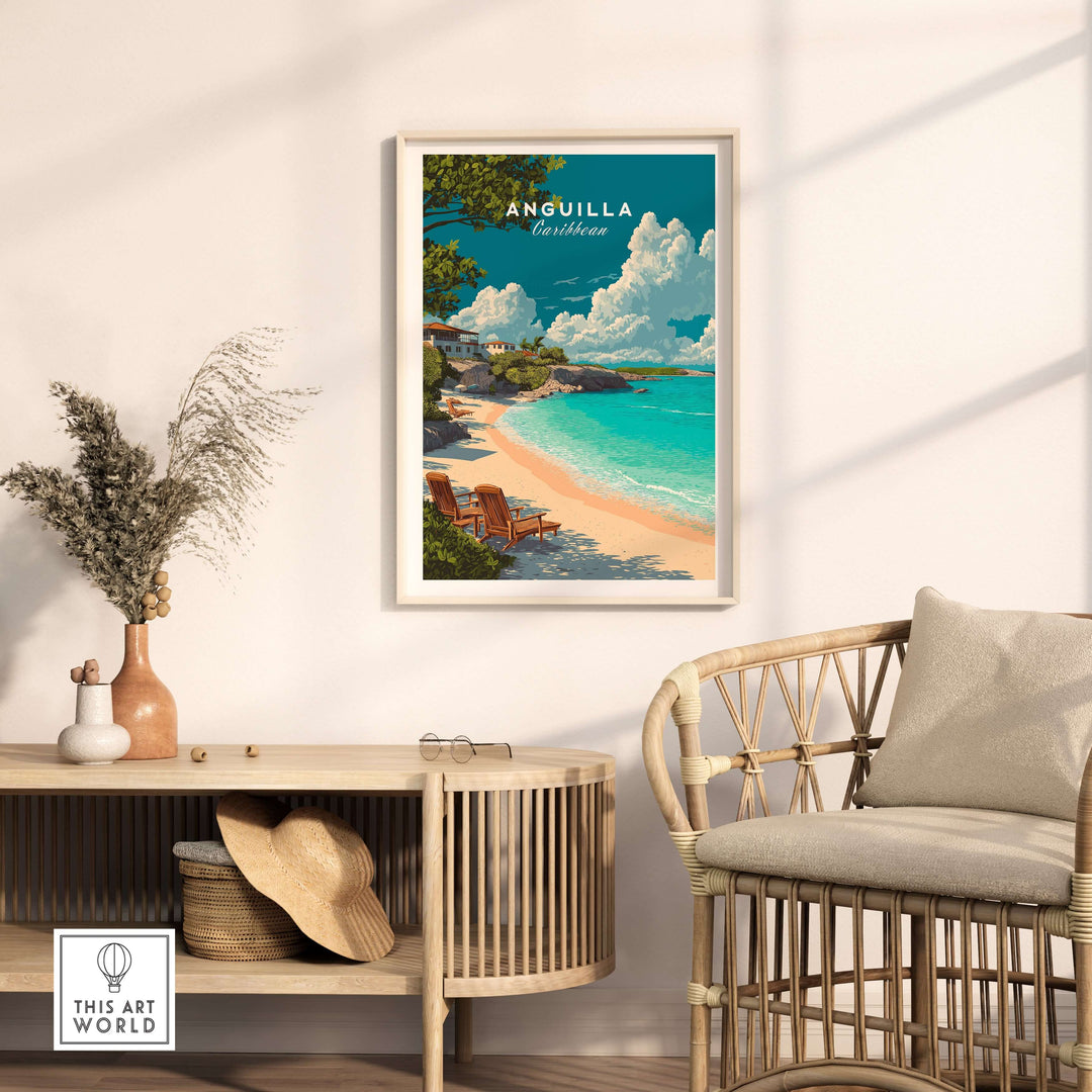 Anguilla Caribbean beach print featuring crystal-clear waters and sandy shores in a stylish home setting.