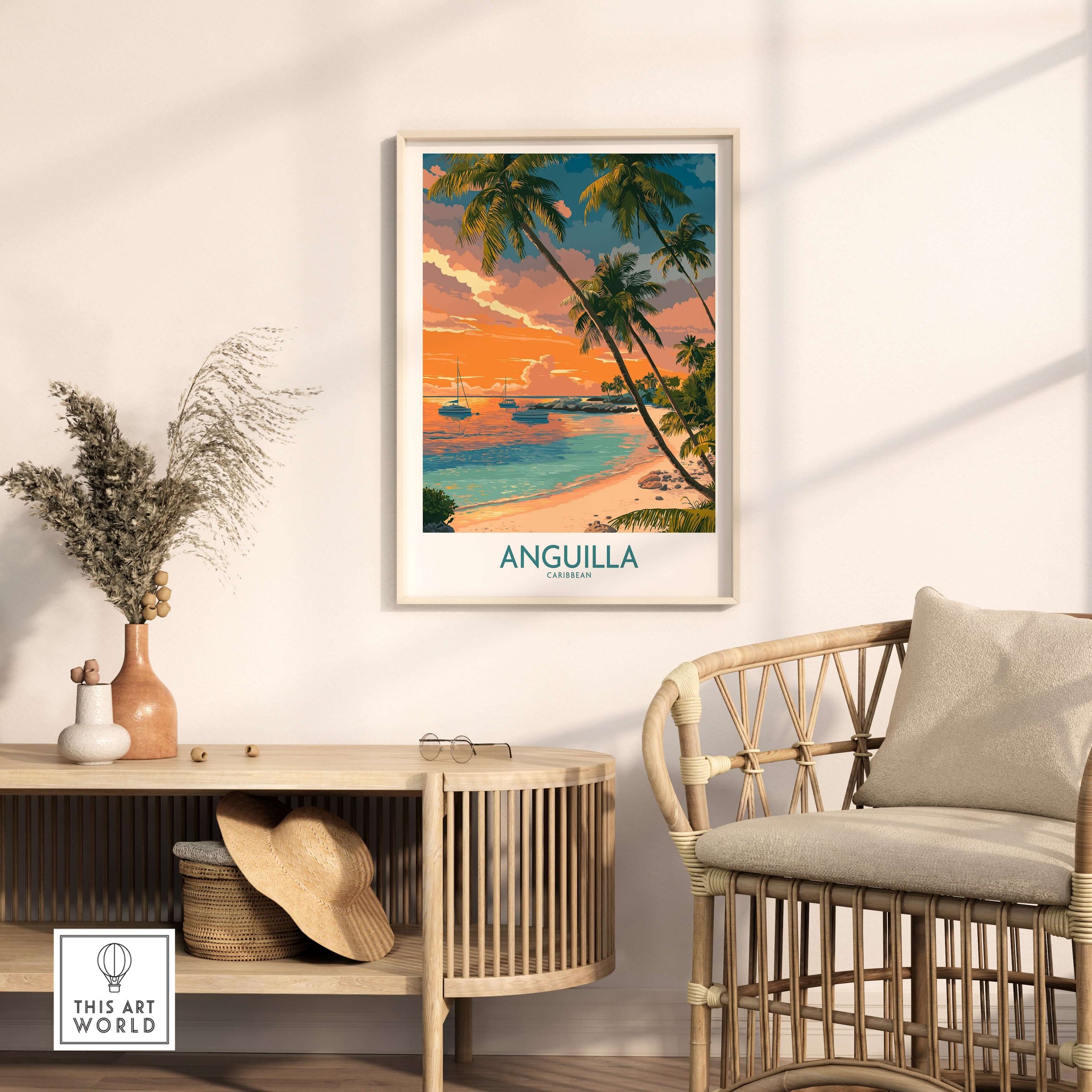 Anguilla Caribbean Print - Caribbean Seascape Wall Art in a cozy living room setting, featuring tropical sunset and palm trees.