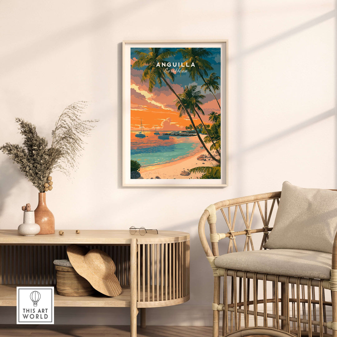 Anguilla sunset poster showcasing a vibrant beach scene with palm trees and boats, adding tropical warmth to any space.