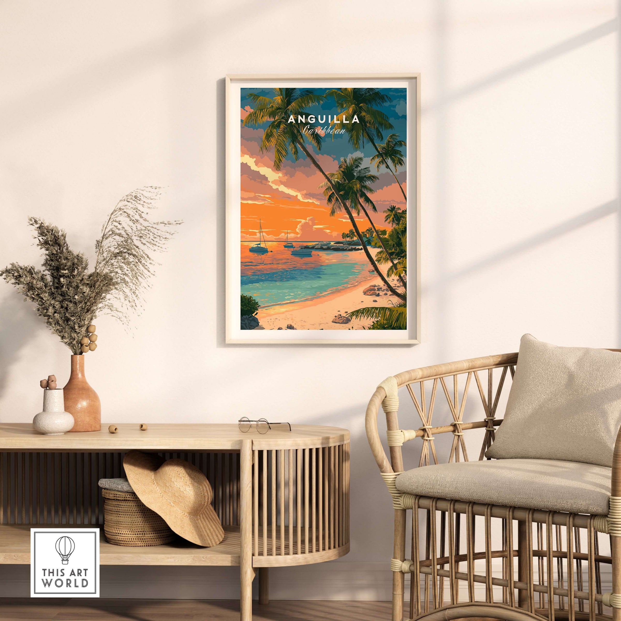 Anguilla Poster Caribbean Sunset Poster - Vibrant Beach Scene Art displayed in a cozy living room setting.
