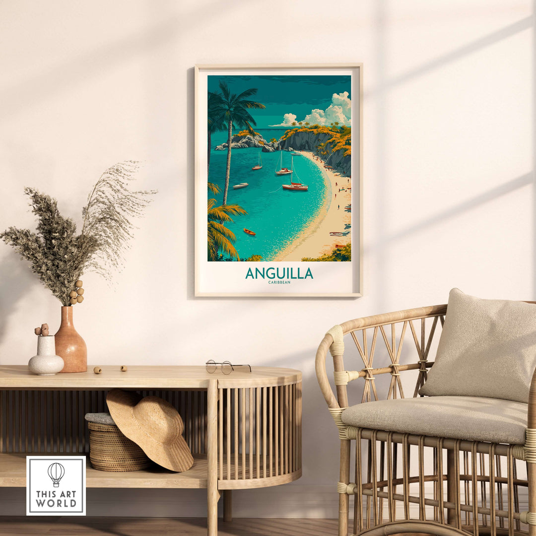 Anguilla Caribbean beach poster in stylish living room showcasing tropical paradise with pristine sands and clear waters.
