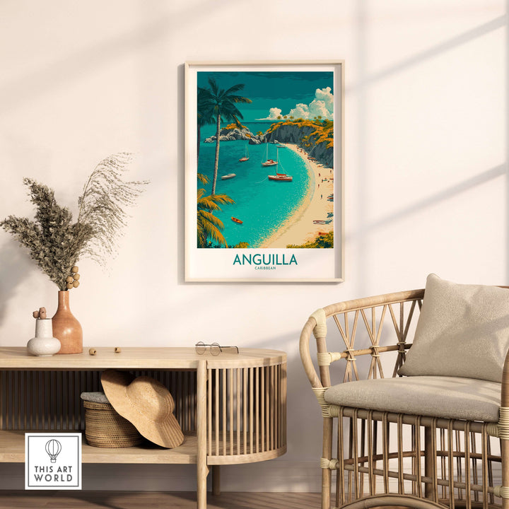 Anguilla Caribbean beach poster in stylish living room showcasing tropical paradise with pristine sands and clear waters.