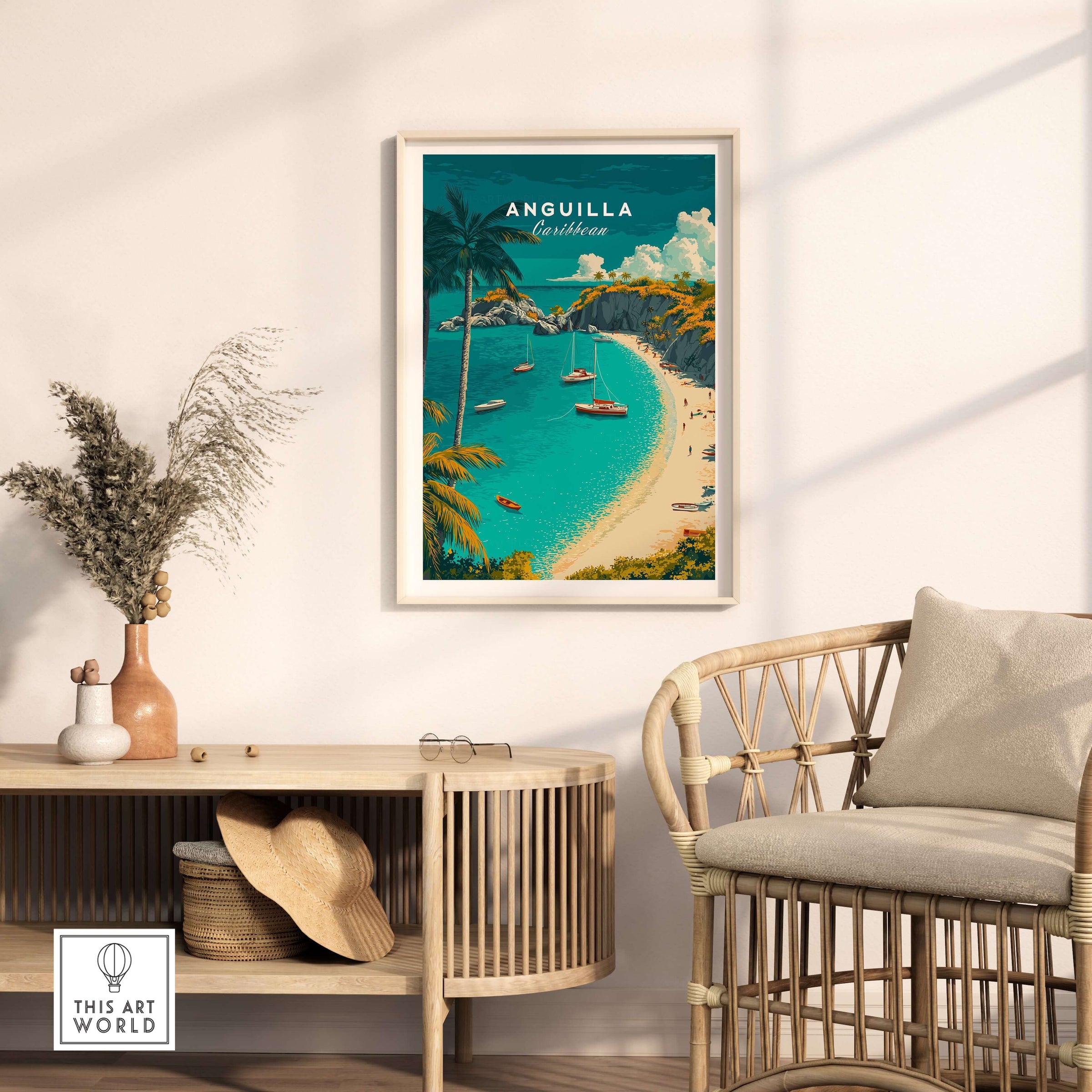 Anguilla Travel Poster -  Caribbean Wall Art showcased in a cozy room with rattan chair and decorative plants.