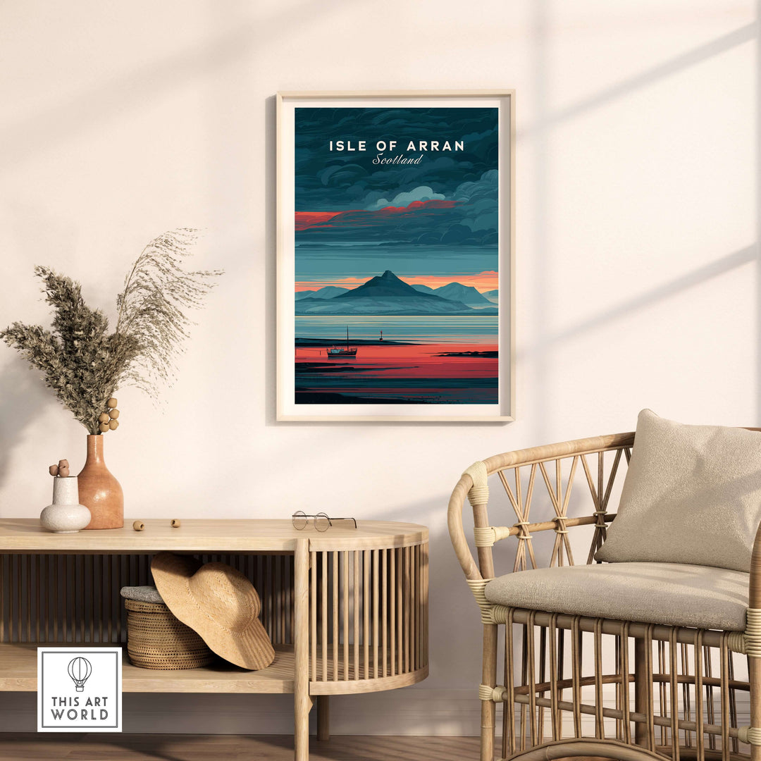 Isle of Arran print featuring a vibrant sunset over Scottish mountains in a cozy interior setting.