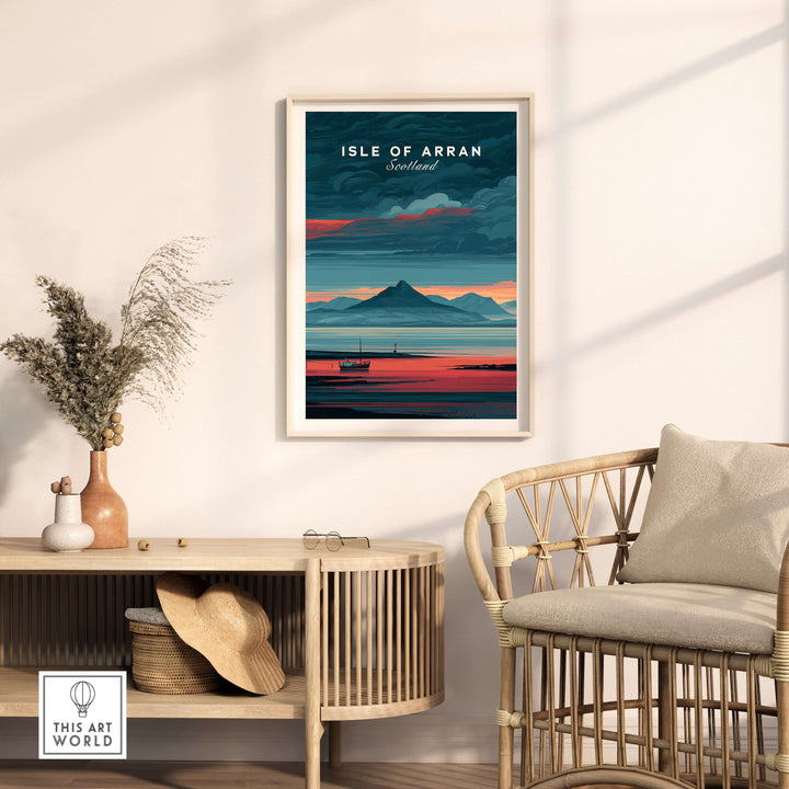 Isle of Arran print featuring a vibrant sunset over Scottish mountains in a cozy interior setting.