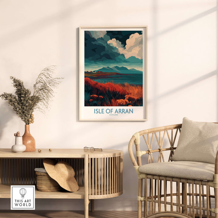 Isle of Arran poster featuring stormy sky landscape in a stylish interior setting.