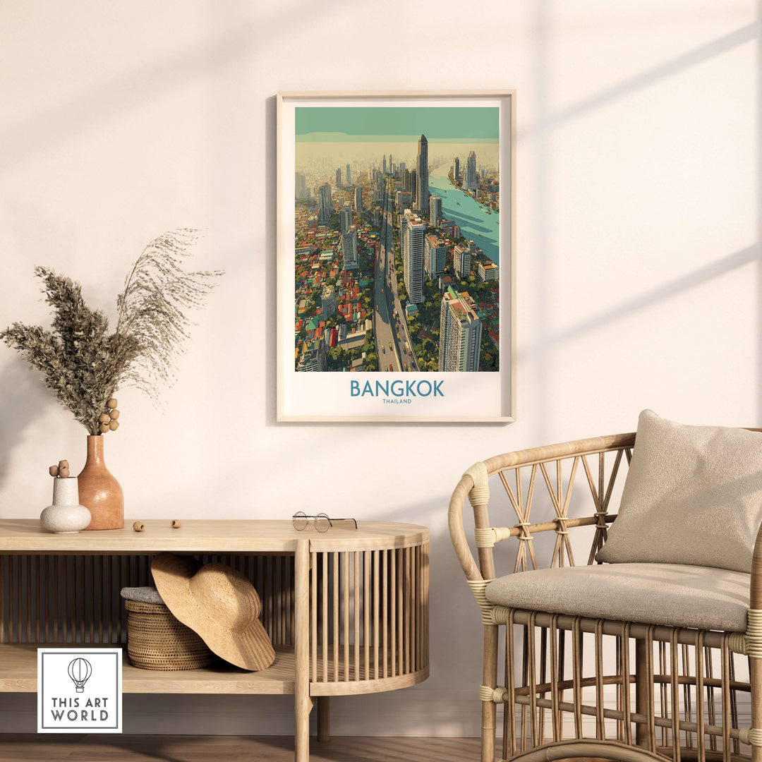 Bangkok cityscape wall art poster in modern living room decor, showcasing vibrant urban skyline of Thailand's capital.