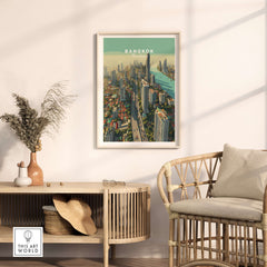 Bangkok Thailand City Skyline Poster - High-Rise Urban Landscape Print displayed in a modern living room setting.
