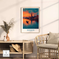 Bangkok Poster Thailand Riverboat at Dusk - Thai Landmark Travel Print framed on wall with cozy decor.
