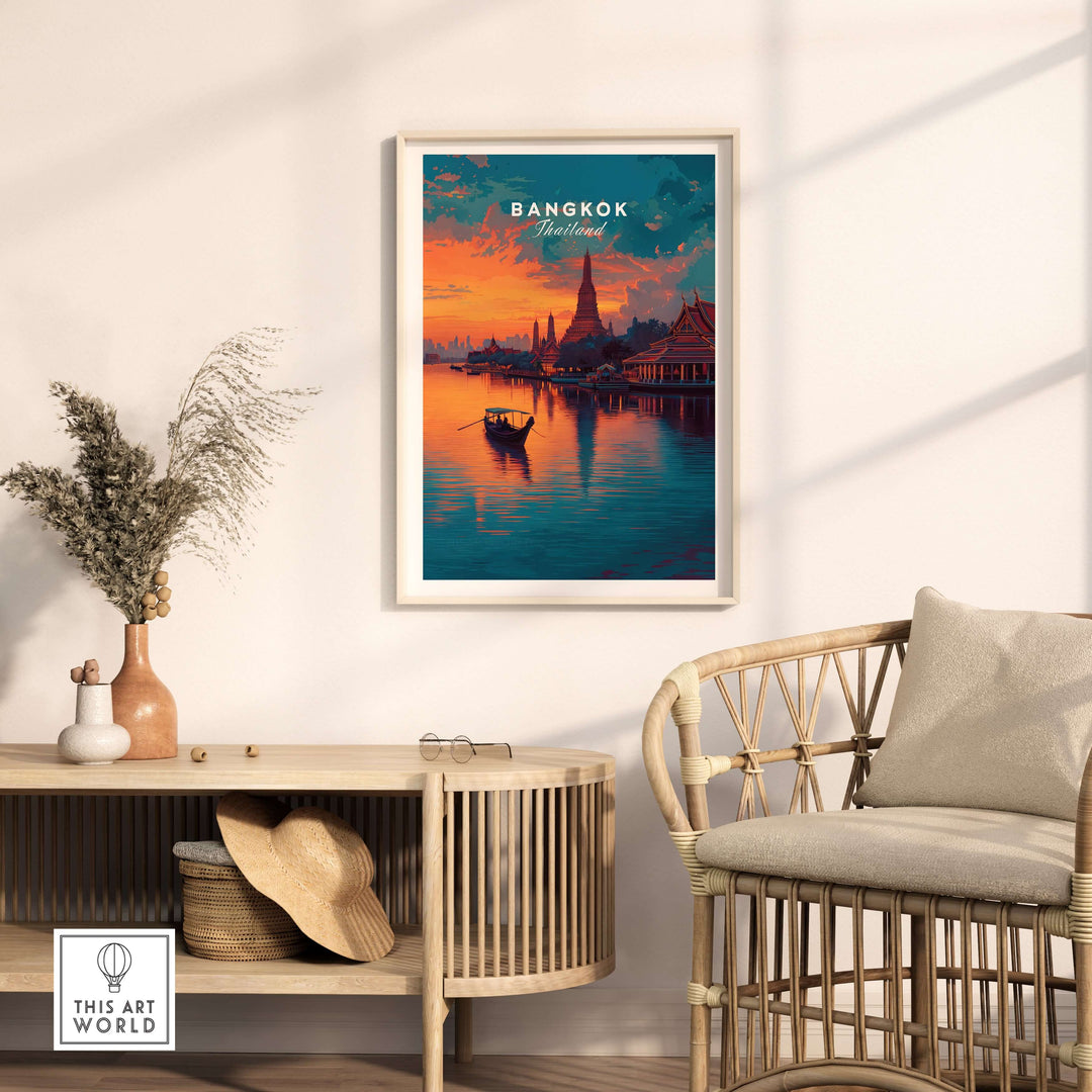 Wat Arun sunset reflection print in a stylish living room, showcasing Bangkok's Temple of Dawn art.