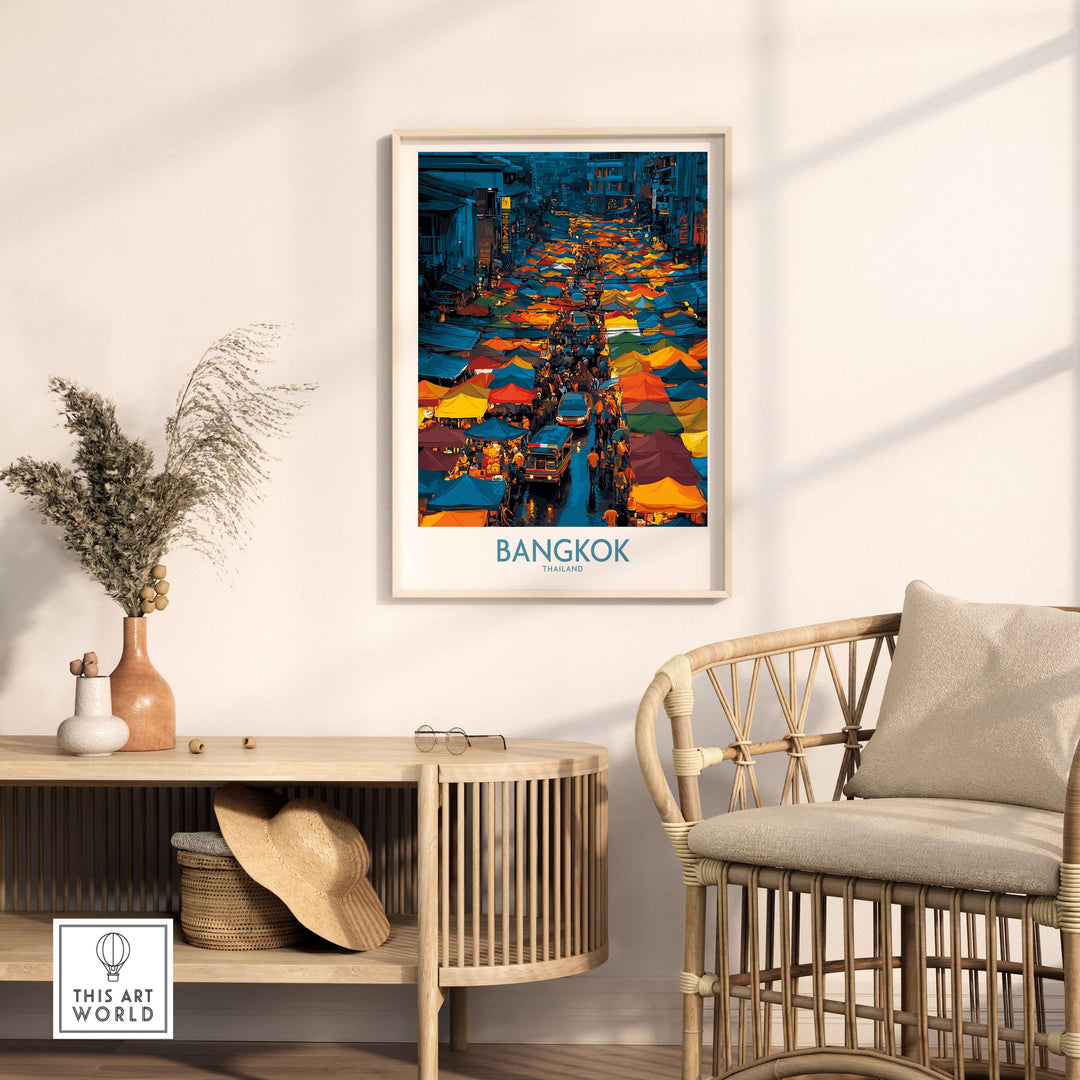 Bangkok Thailand market vendors wall art print displayed in modern decor setting, showcasing vibrant market culture.
