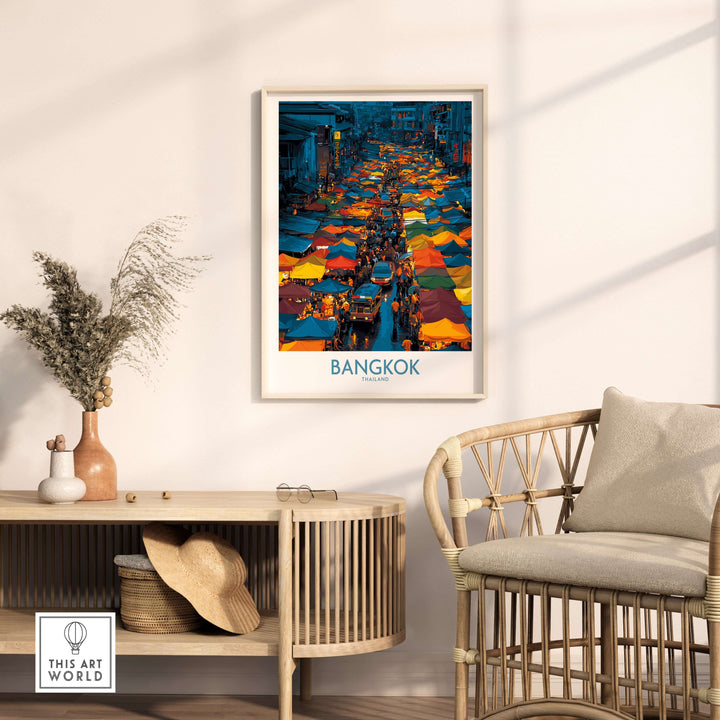 Bangkok Thailand market vendors wall art print displayed in modern decor setting, showcasing vibrant market culture.