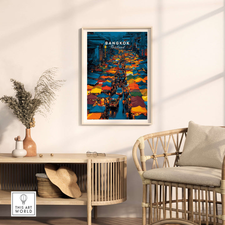 Overhead poster of Bangkok night market, showcasing colorful stalls and vibrant atmosphere in a stylish home setting.