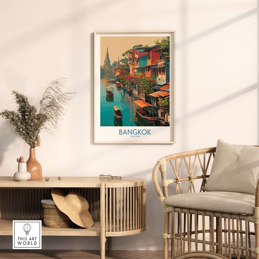 Bangkok Thailand poster featuring floating markets, colorful boats, and vibrant waterways, ideal for travel décor.
