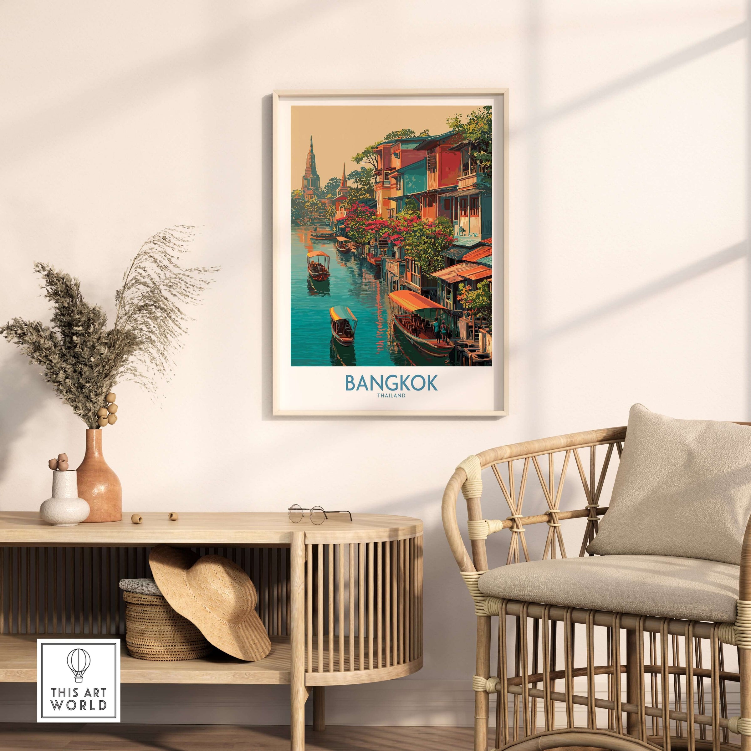 Bangkok Thailand Poster - Floating Market Travel Print displayed in a cozy room with a wicker chair and decorative elements.
