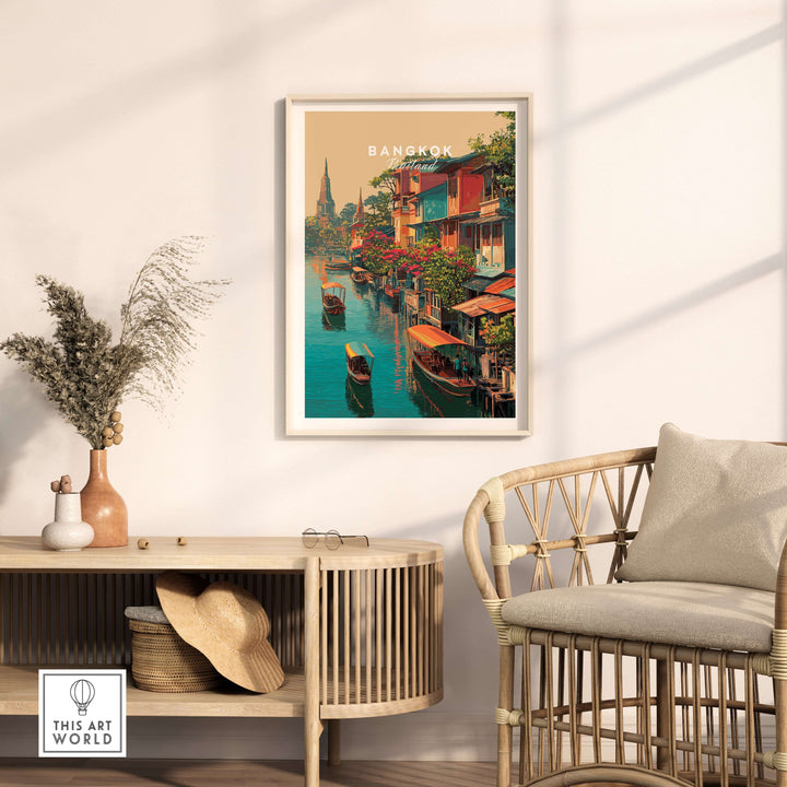 Bangkok Klong Canal Houses print in a modern living room with rattan chair and décor, showcasing traditional Thai village life.