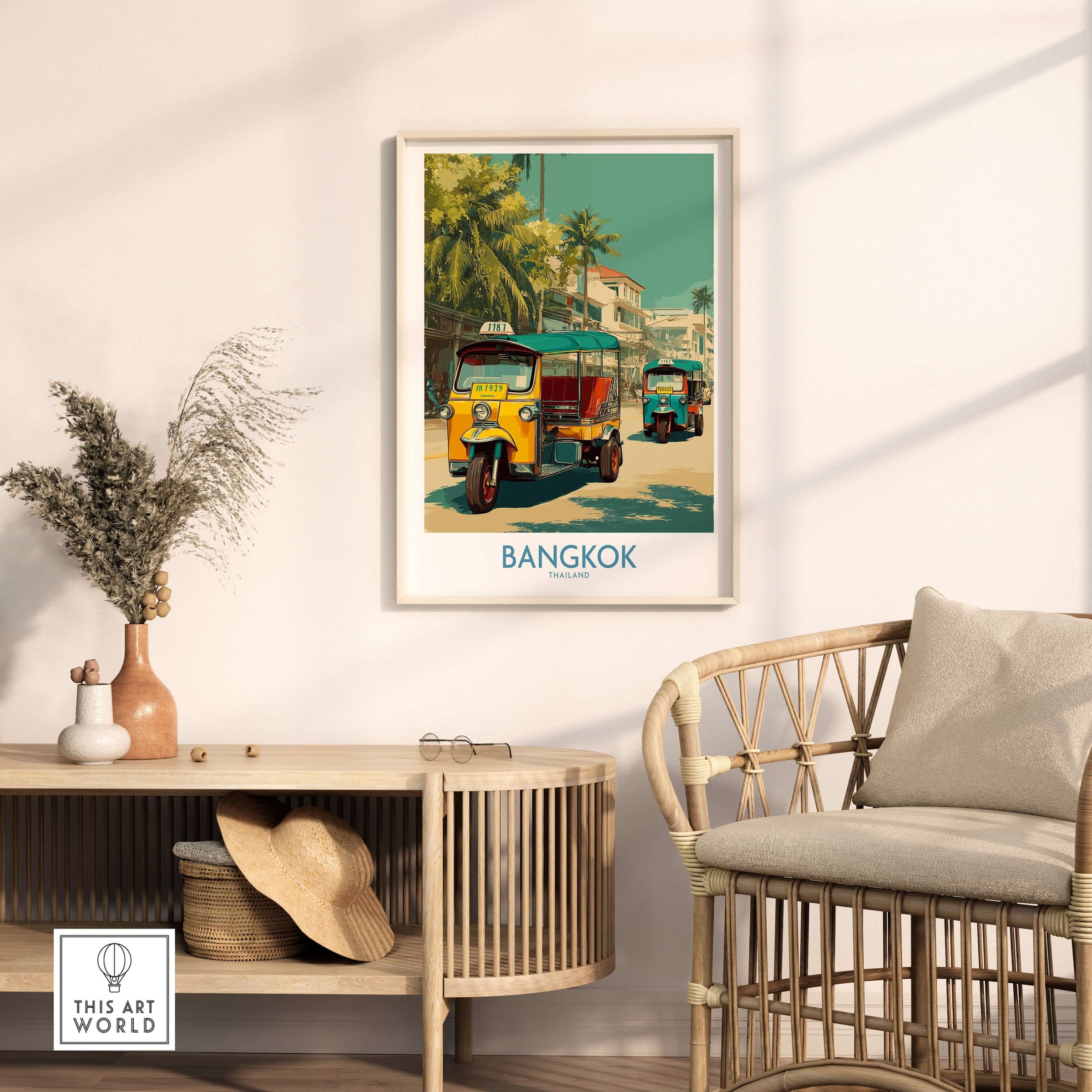 Bangkok Thailand Iconic Tuk Tuks Print - Vibrant Thai Travel Poster displayed in a modern living space with rattan furniture.