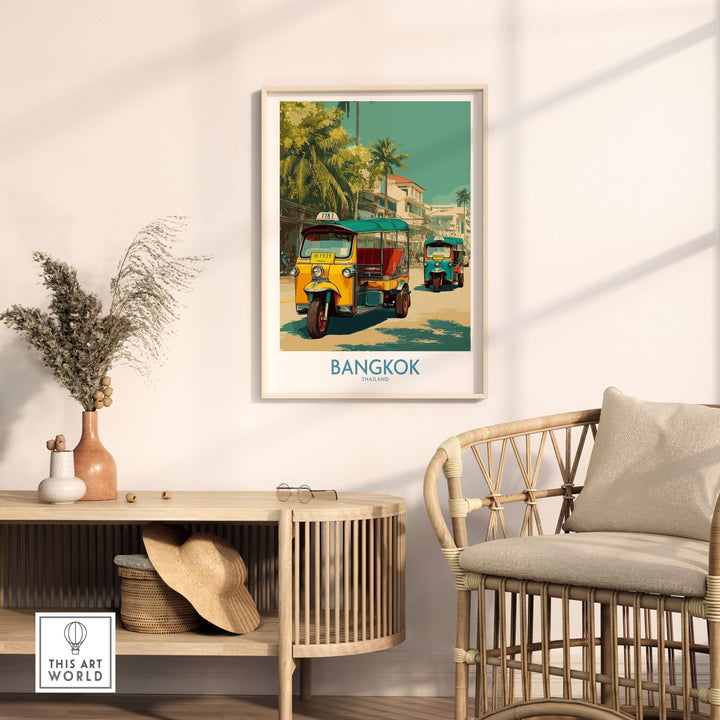Vibrant Bangkok tuk tuks print enhancing modern decor with Thai culture in a stylish interior setting.