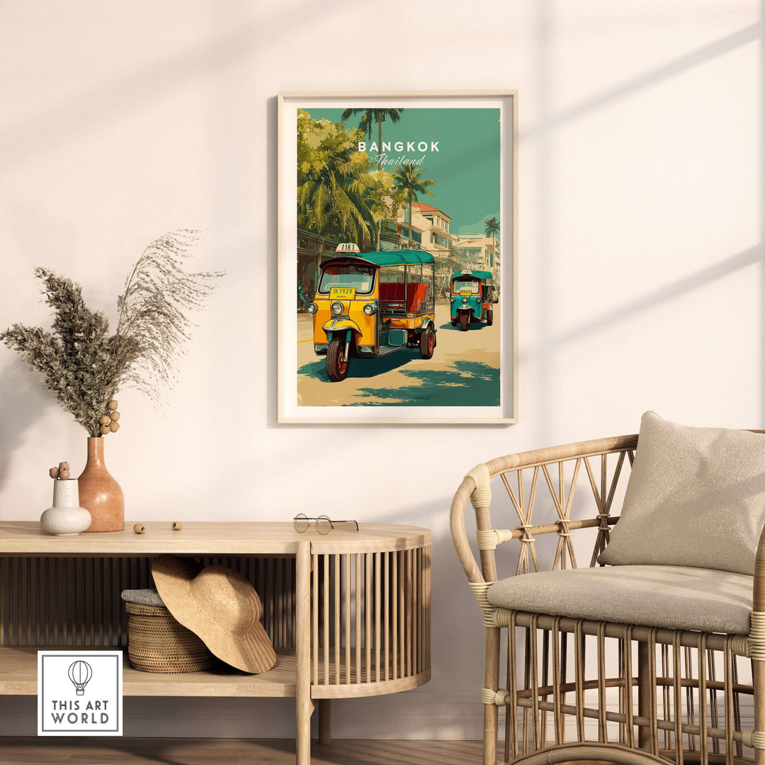 Bangkok tuk tuk city street poster displayed in a cozy home setting, bringing vibrant Thai culture to wall art.
