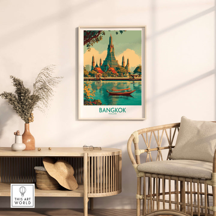 Bangkok temple wall art print showcasing Thai architecture and serene landscape, perfect for home décor.