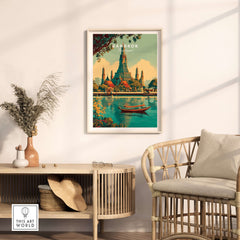 Bangkok Poster Thailand Wat Arun River Scene Print - Grand Temple Wall Art in a modern living room setting.