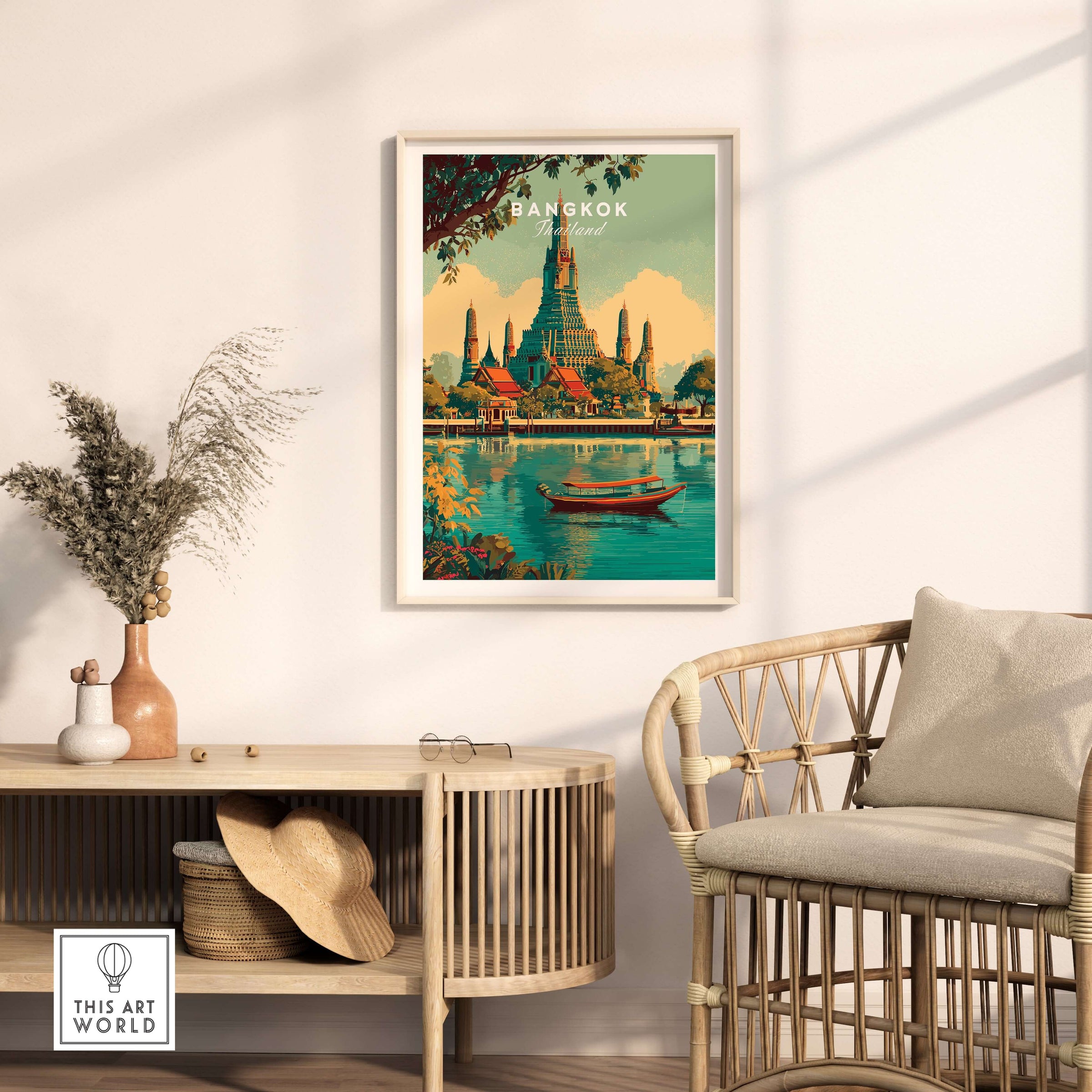 Bangkok Poster Thailand Wat Arun River Scene Print - Grand Temple Wall Art in a modern living room setting.