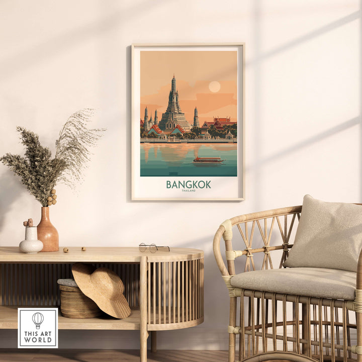 Bangkok poster featuring the Temple of Dawn, a historic Thai landmark print in a modern living space.