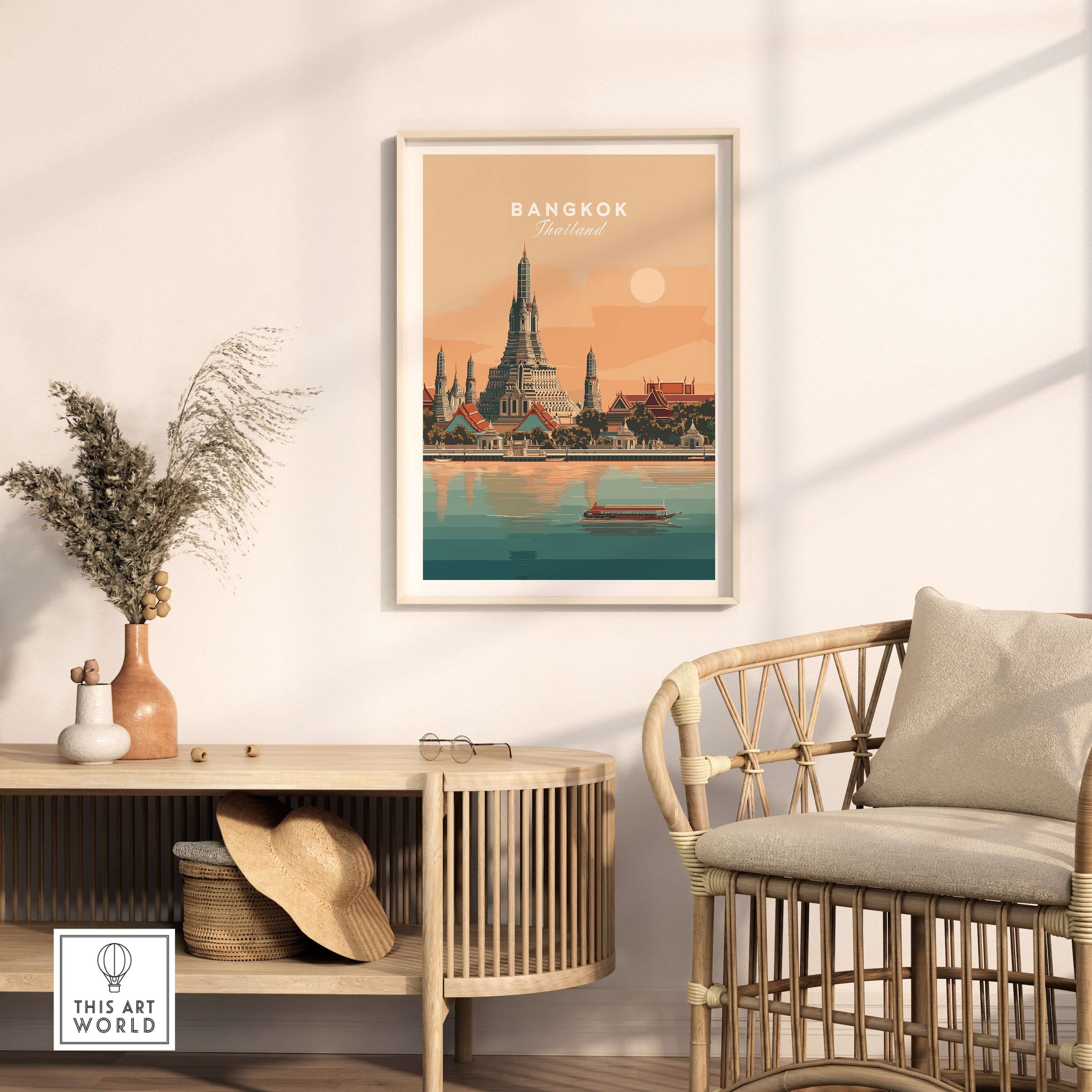 Bangkok Print Thailand Wat Arun Temple - Chao Phraya River Wall Art framed in a modern living room setting.