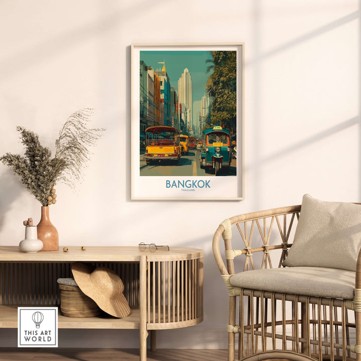 Vibrant Bangkok wall art print featuring tuk tuks and city scenes, ideal for home or office decor.