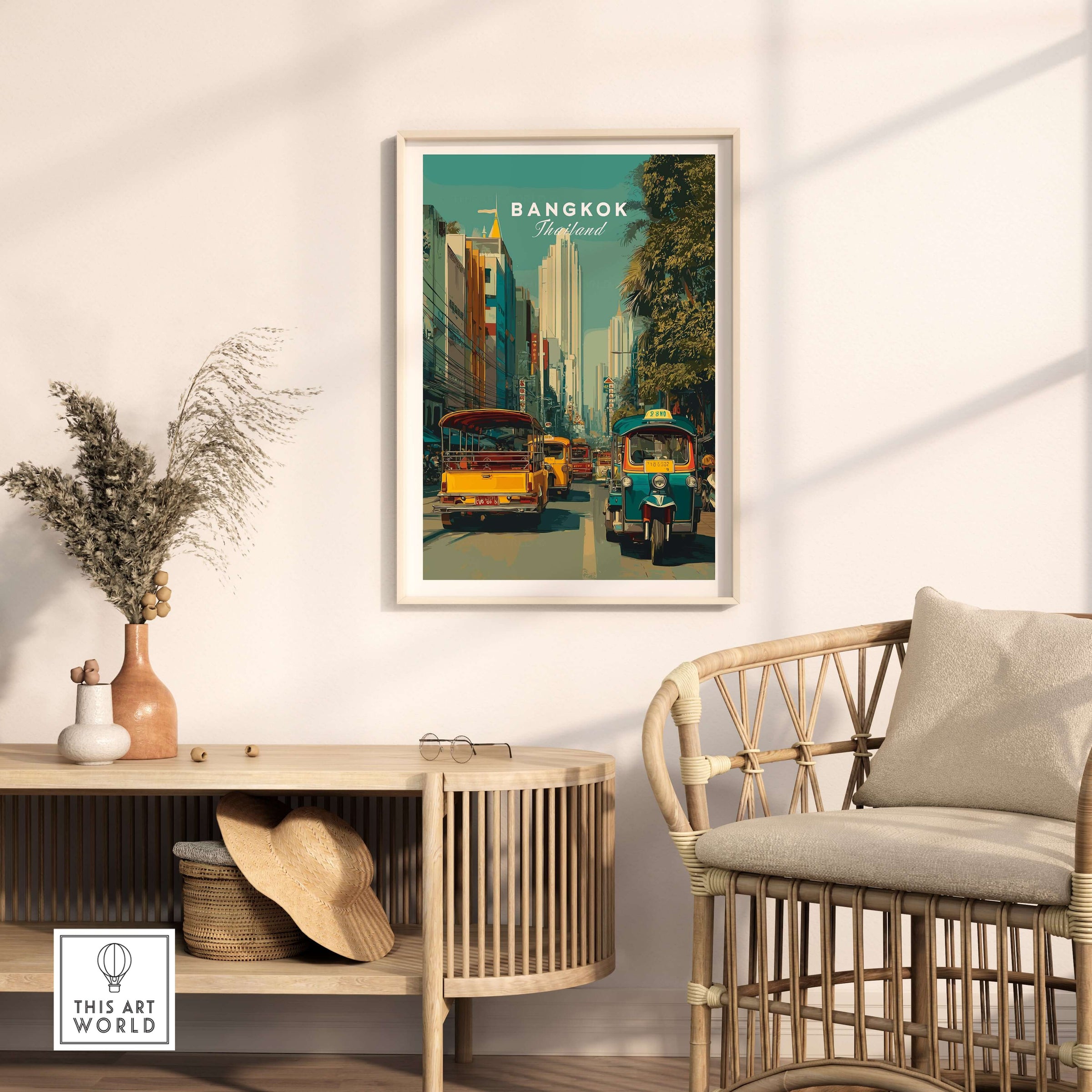 Bangkok Thailand Poster Tuk Tuk Street Scene - Thai Print displayed in a living room setting with cozy furniture.
