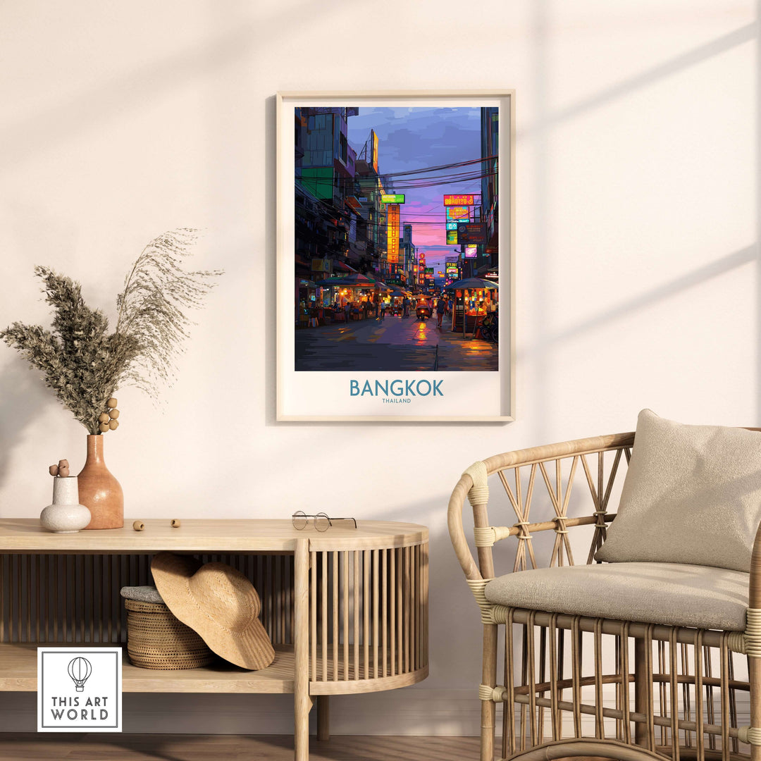 Bangkok neon lights wall art displayed in a modern living room setting, showcasing vibrant city nightlife and urban decor.