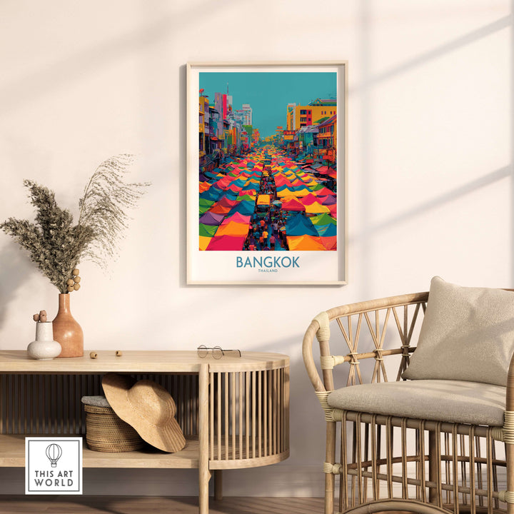 Bangkok wall art poster showcasing vibrant Thai market with colorful tents and buildings, perfect for home decor.