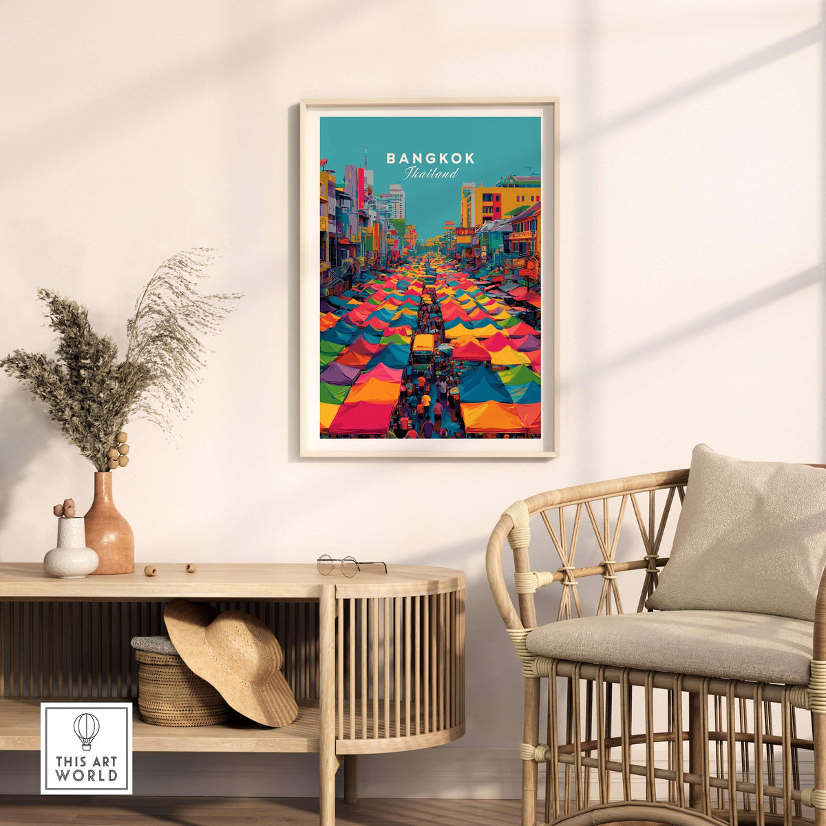 Bangkok Thailand Poster Colorful Market Tents - Vibrant Street Market Print displayed in a cozy room.