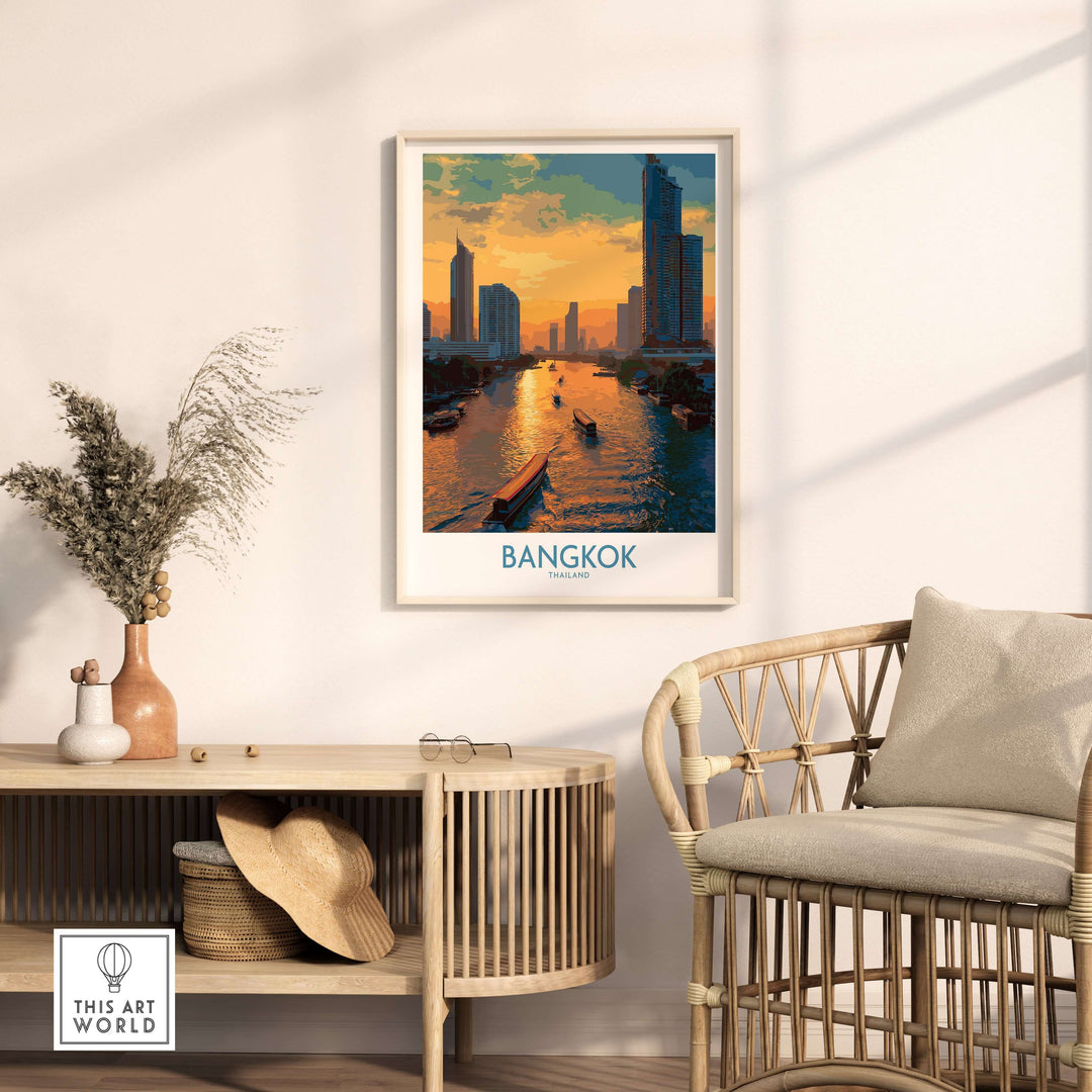 Bangkok urban waterfront wall art showcasing a sunset cityscape with modern buildings and river views, perfect for decor.
