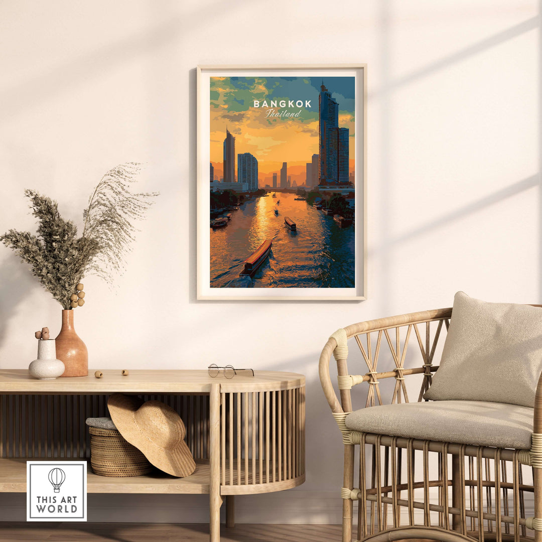 Bangkok skyline sunset print featuring river boats on the Chao Phraya, enhancing home decor with urban tranquility.