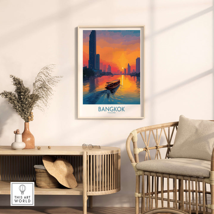 Bangkok wall art featuring a serene Thai river scene during golden hour, enhancing home decor with tropical elegance.