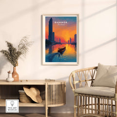 Bangkok Sunset Poster Thailand Longtail Boat - River City Skyline Print displayed in a stylish living room setting.