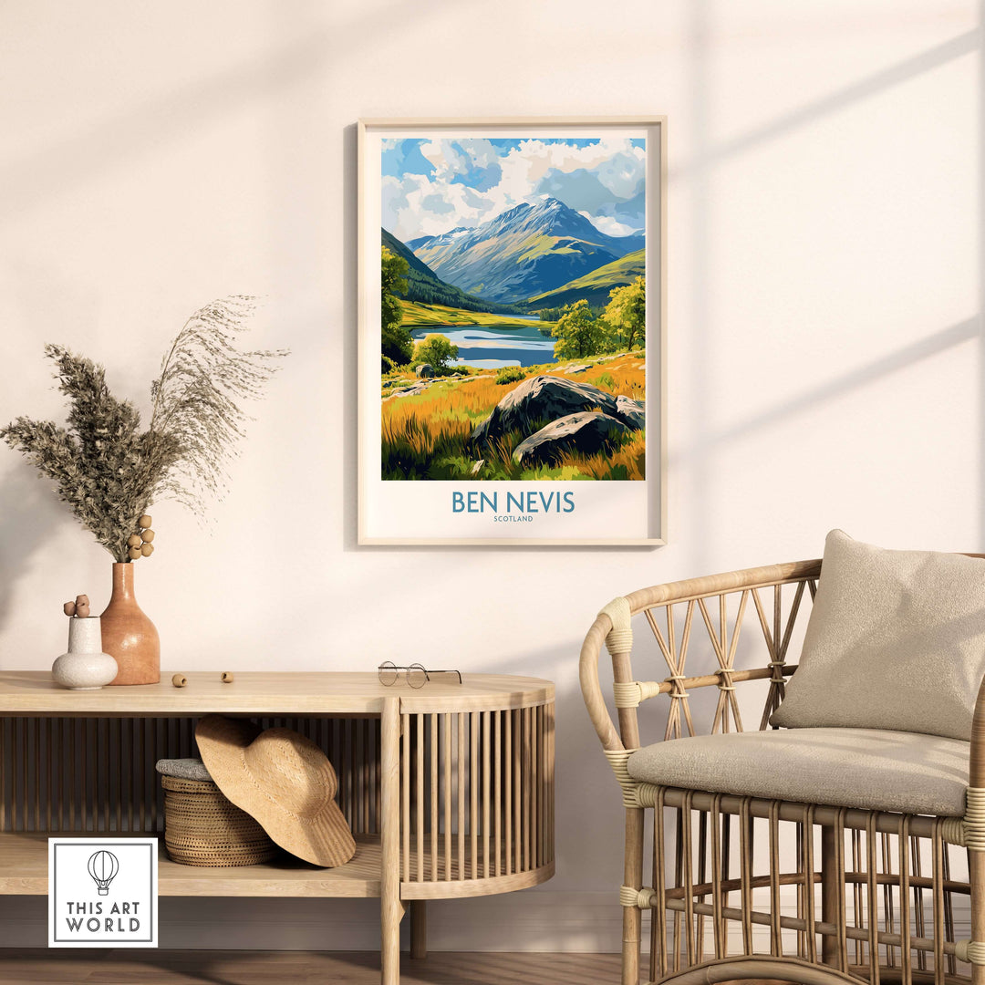 Framed Ben Nevis poster featuring Scotland's summit view, enhancing home decor with a touch of nature-inspired art.
