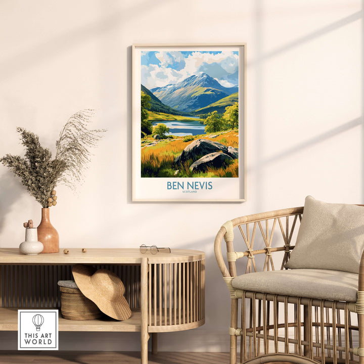 Framed Ben Nevis poster featuring Scotland's summit view, enhancing home decor with a touch of nature-inspired art.