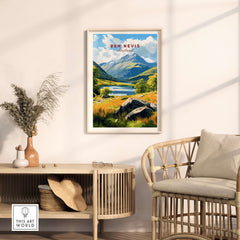 Ben Nevis Scotland Mountain Lake Landscape Print - Scottish Highlands Wall Art displayed in a modern interior setting.